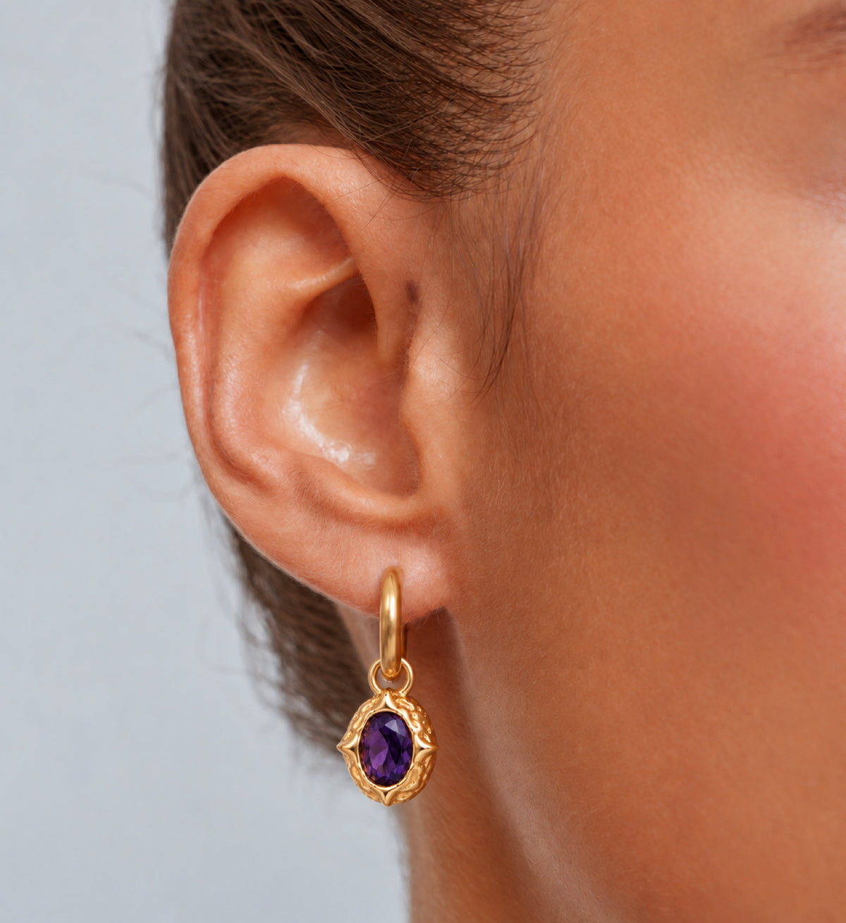 Serein Violet Oval Hoop Earrings in Gold, model styling view 1