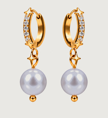 Seren Grey Pearl Star Hoop Earrings (Gold), front product view