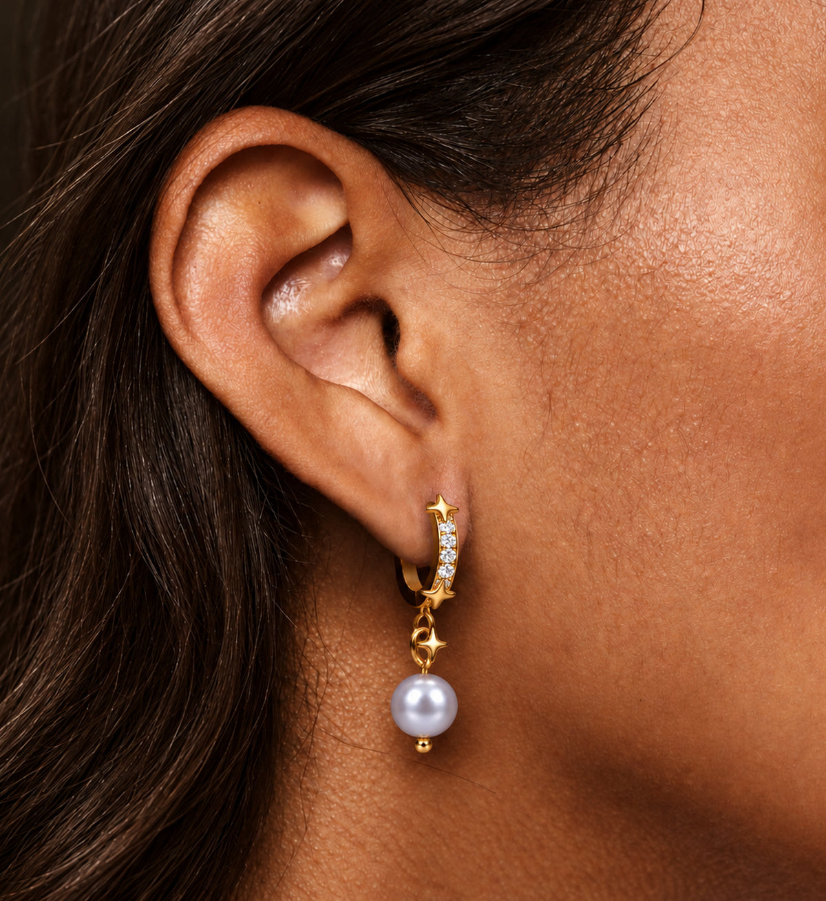 Seren Grey Pearl Star Hoop Earrings in Gold, model styling view 1