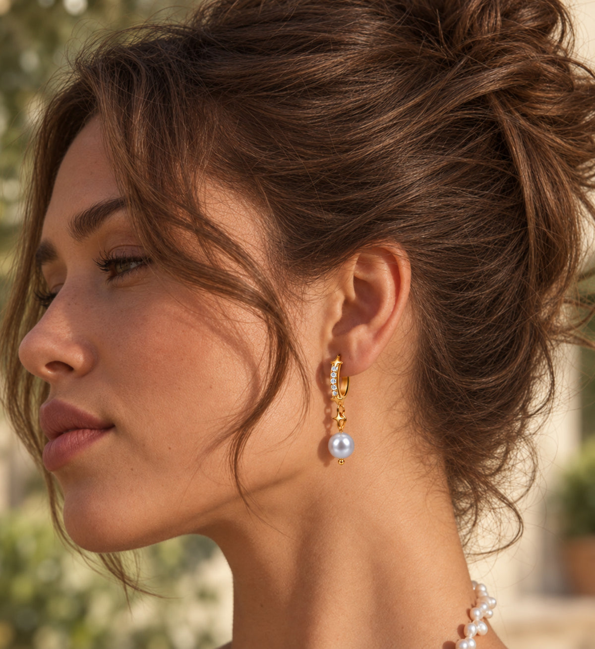 Seren Grey Pearl Star Hoop Earrings in Gold, model styling view 2