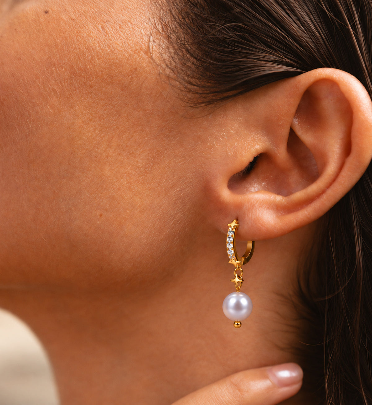 Seren Grey Pearl Star Hoop Earrings in Gold, model styling view 7