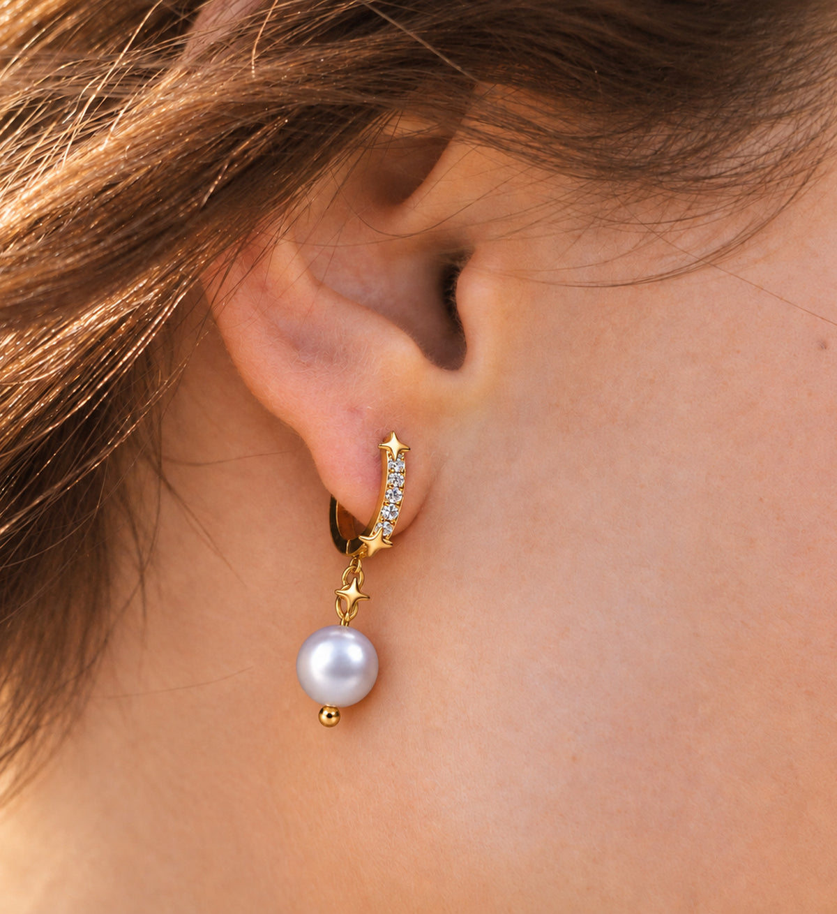 Seren Grey Pearl Star Hoop Earrings in Gold, model styling view 8