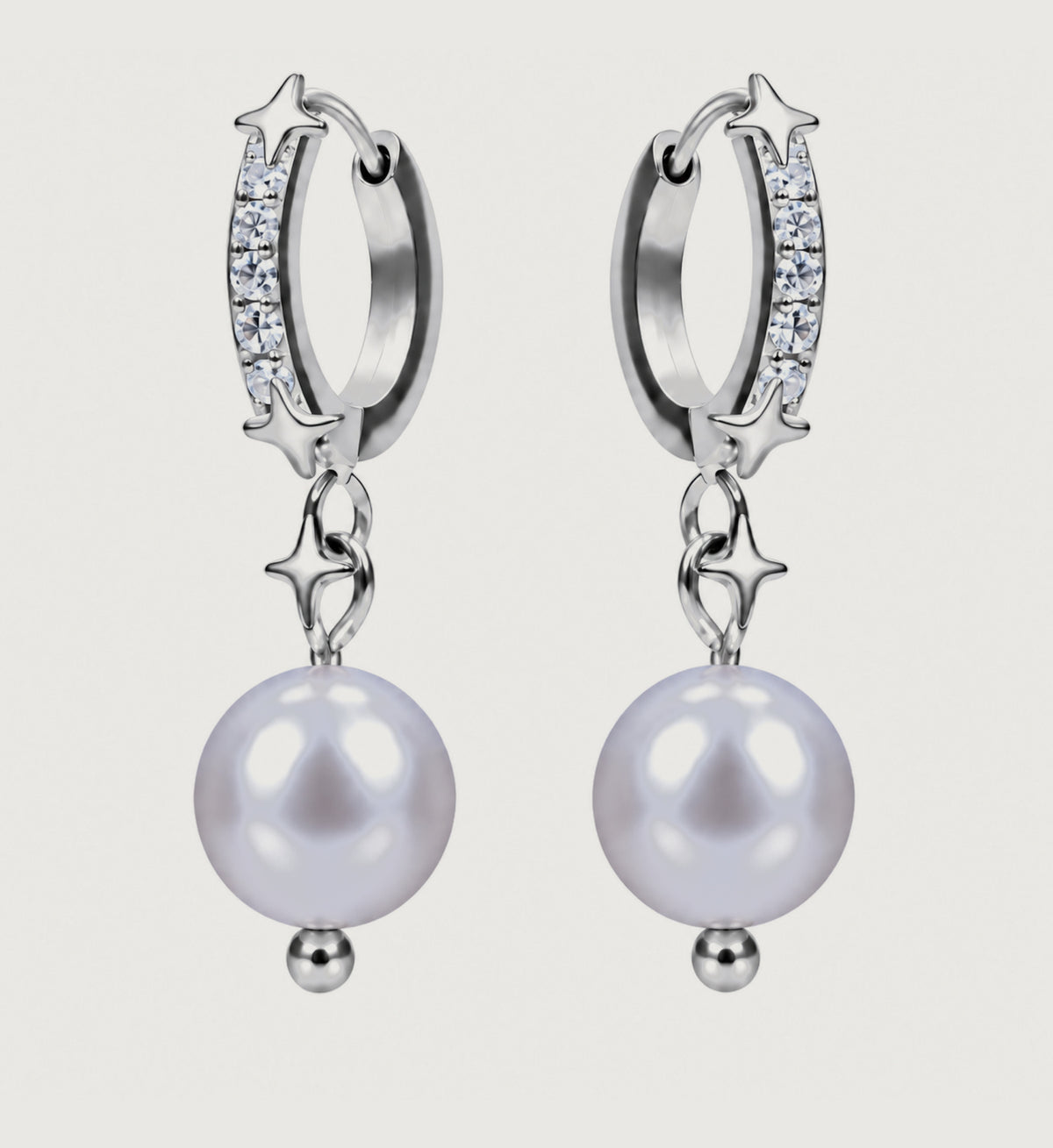 Seren Grey Pearl Star Hoop Earrings (Silver), front product view