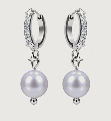 Seren Grey Pearl Star Hoop Earrings (Silver), front product view