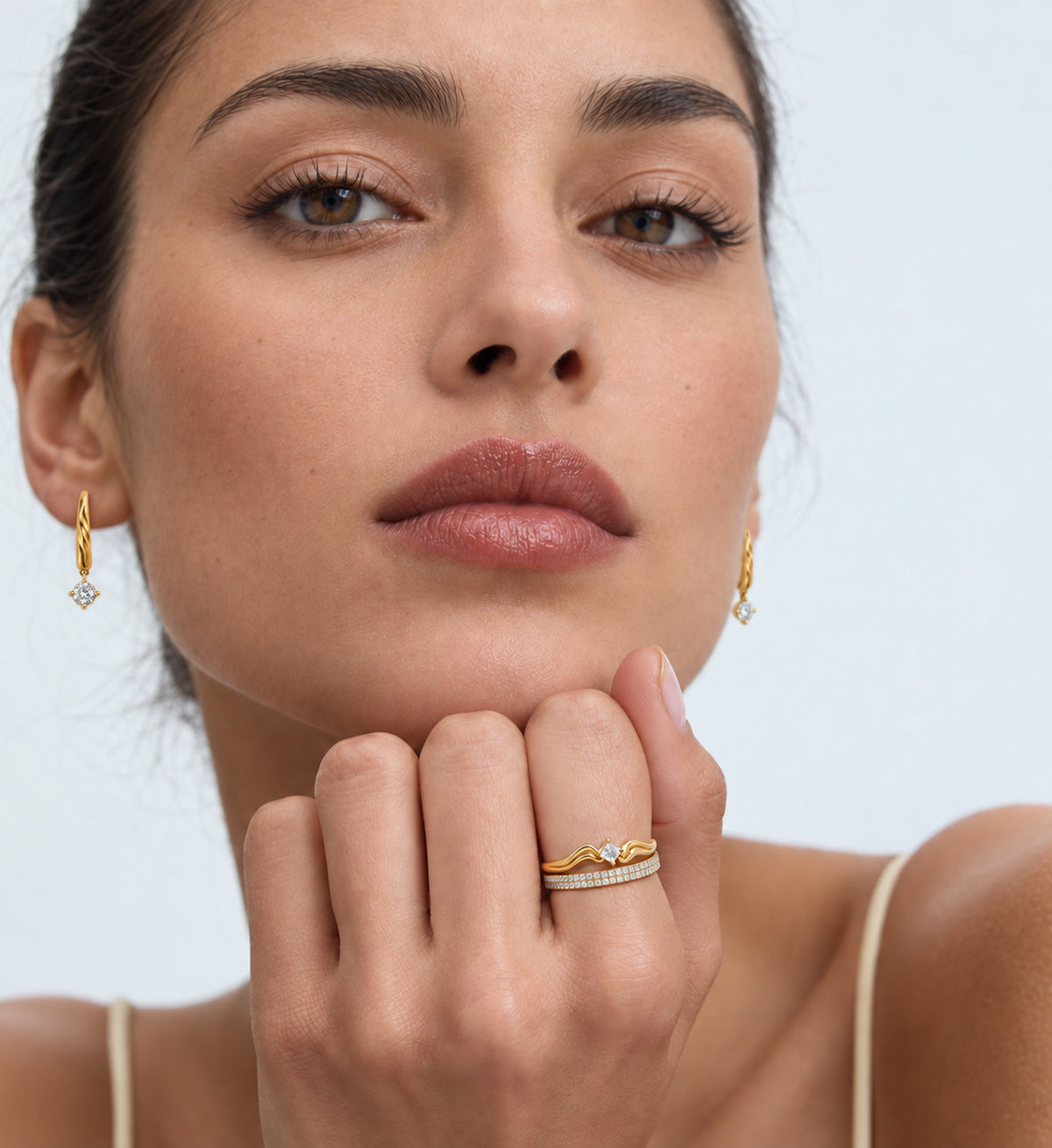 Solene Double Pave Ring (Gold), model styling view