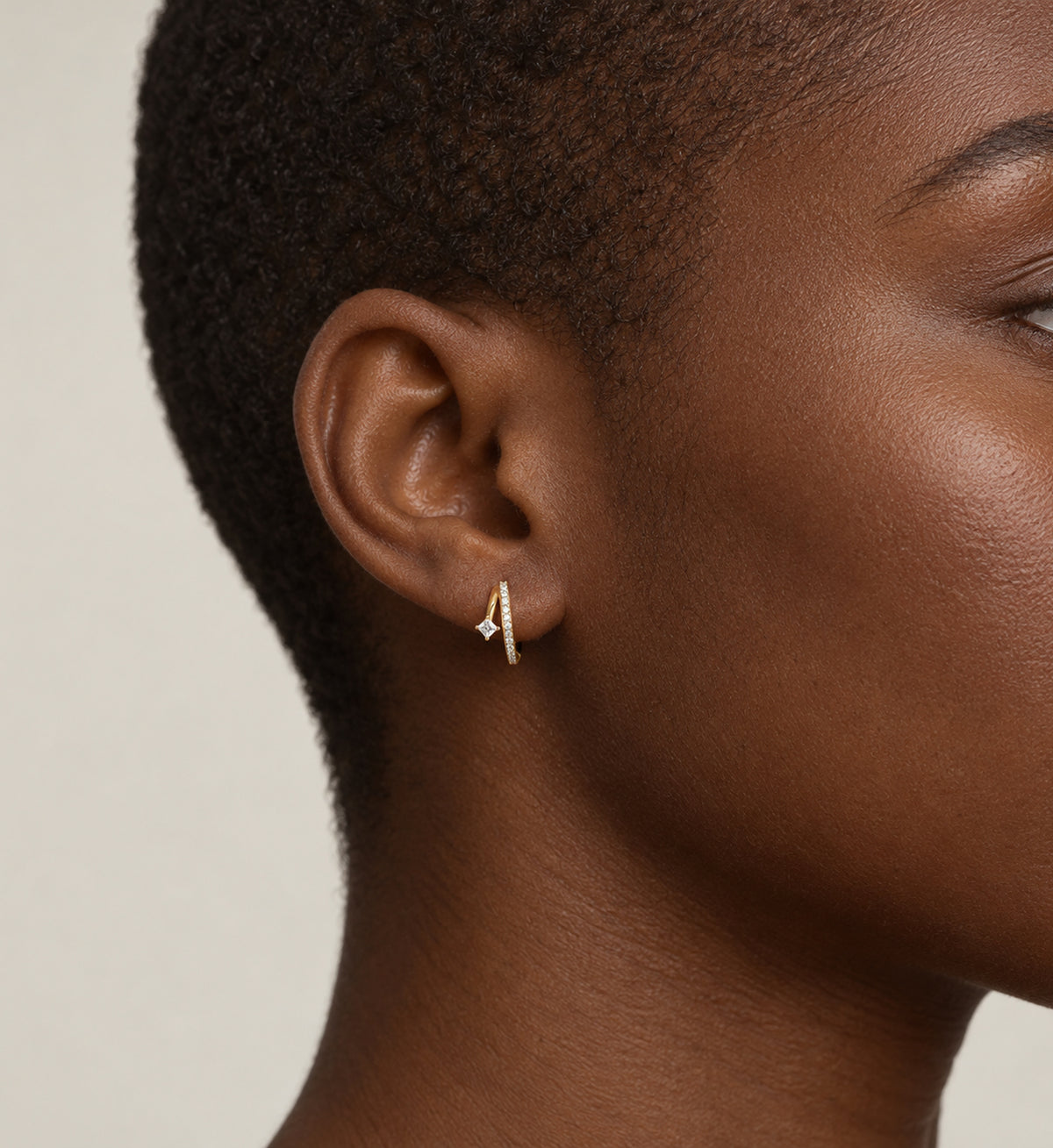 Vega Pave Arc Hoop Earrings (Gold), model styling view