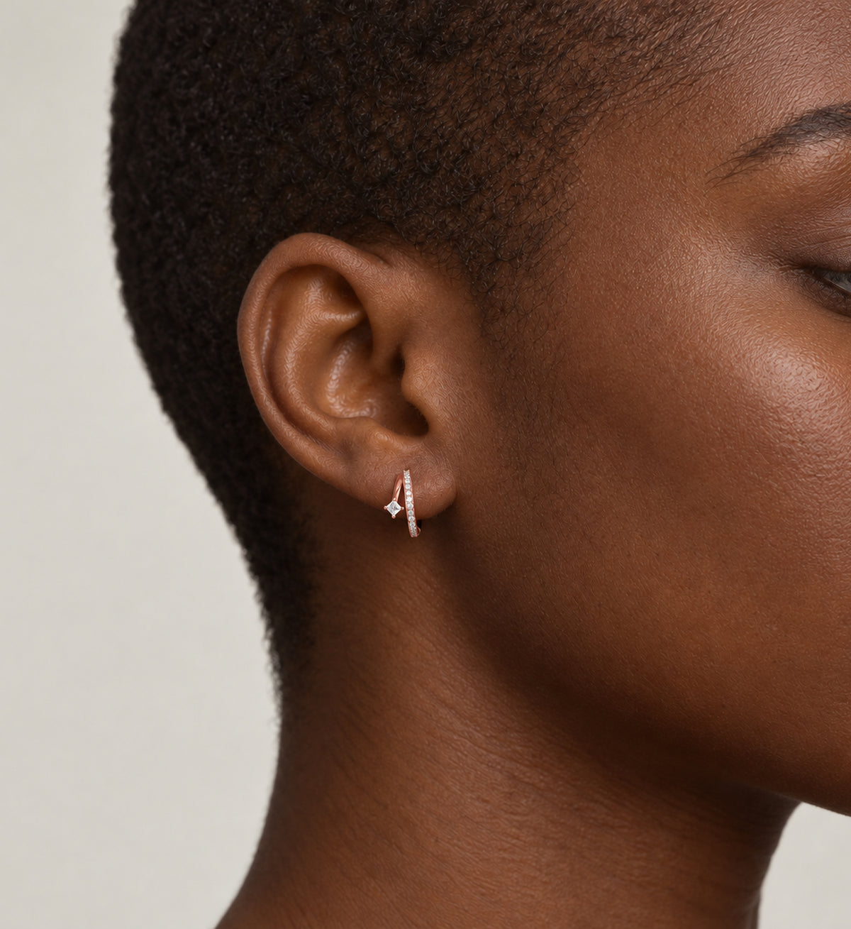Vega Pave Arc Hoop Earrings (Rose Gold), model styling view