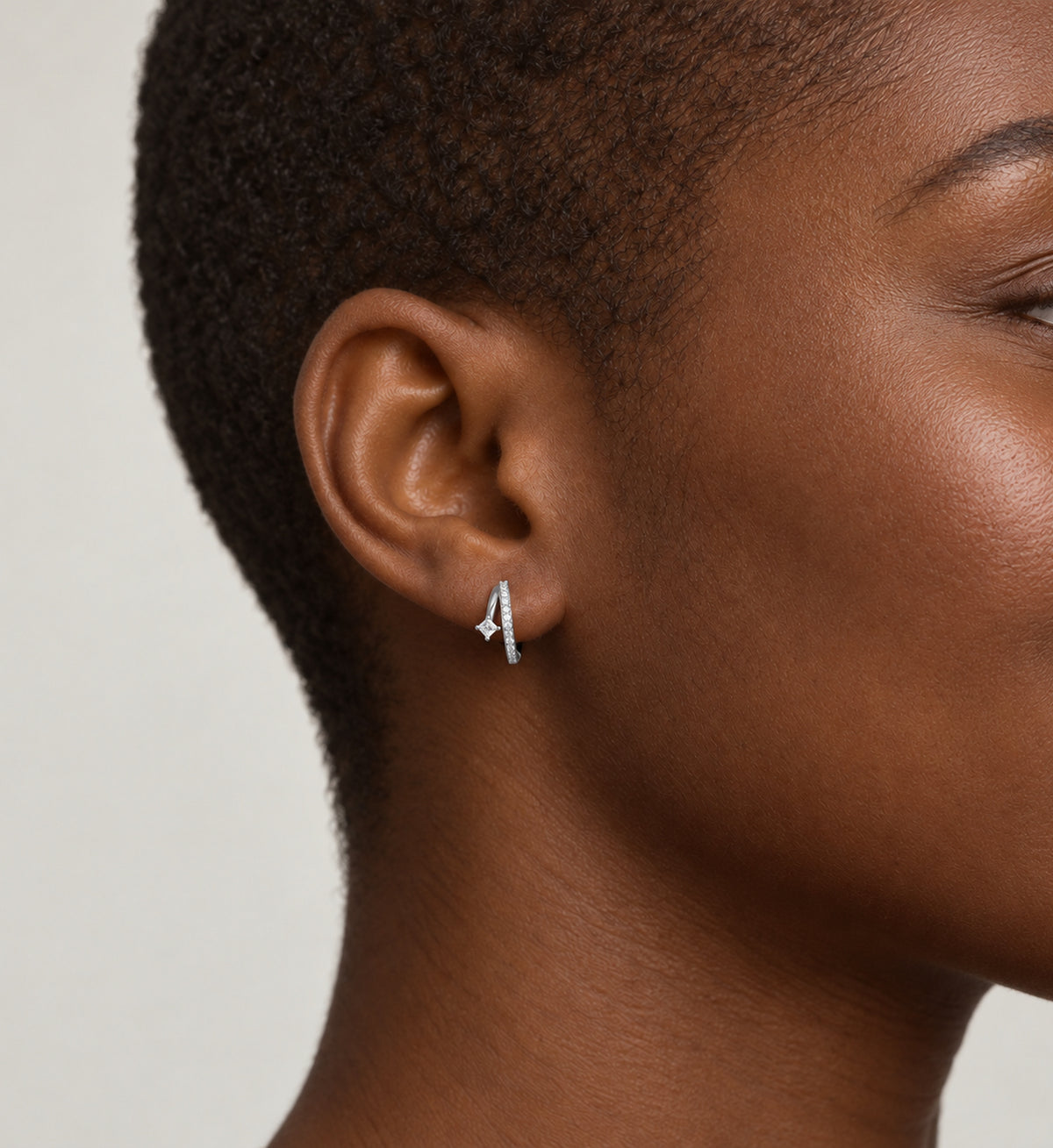 Vega Pave Arc Hoop Earrings (Silver), model styling view