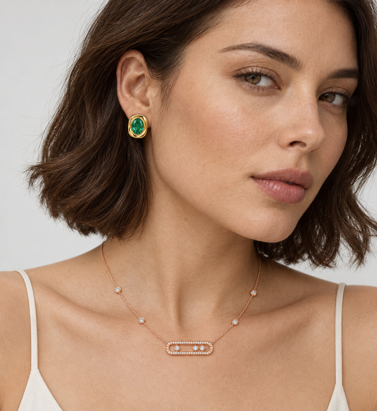 Verda Green Oval Stud Earrings (Gold), model styling view