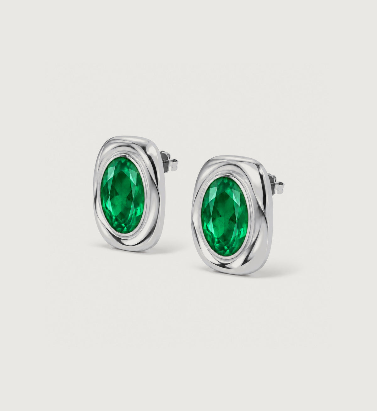 Verda Green Oval Stud Earrings (Silver), angled product view