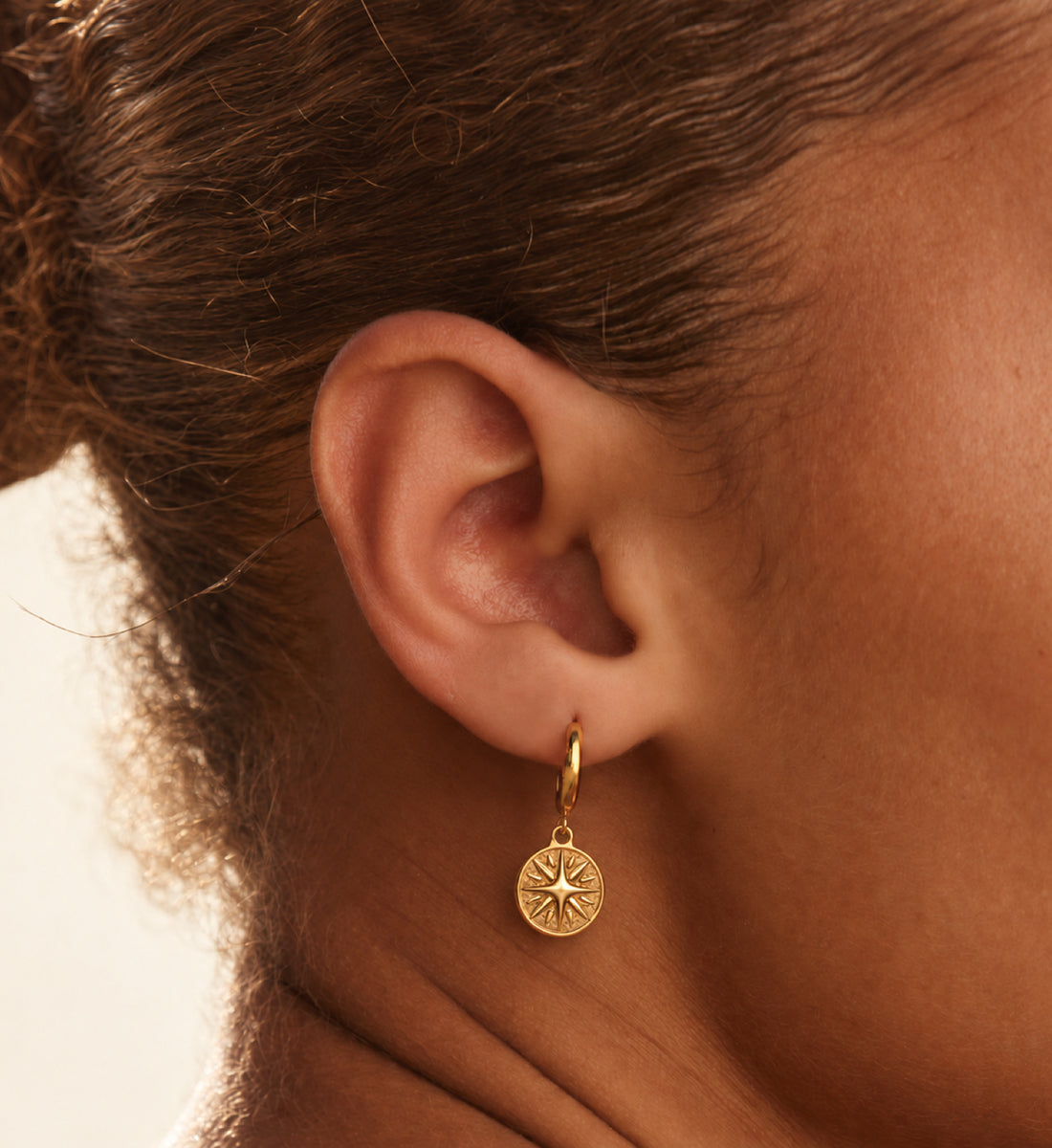 Vestra Starburst Medallion Hoop Earrings (Gold), front product view