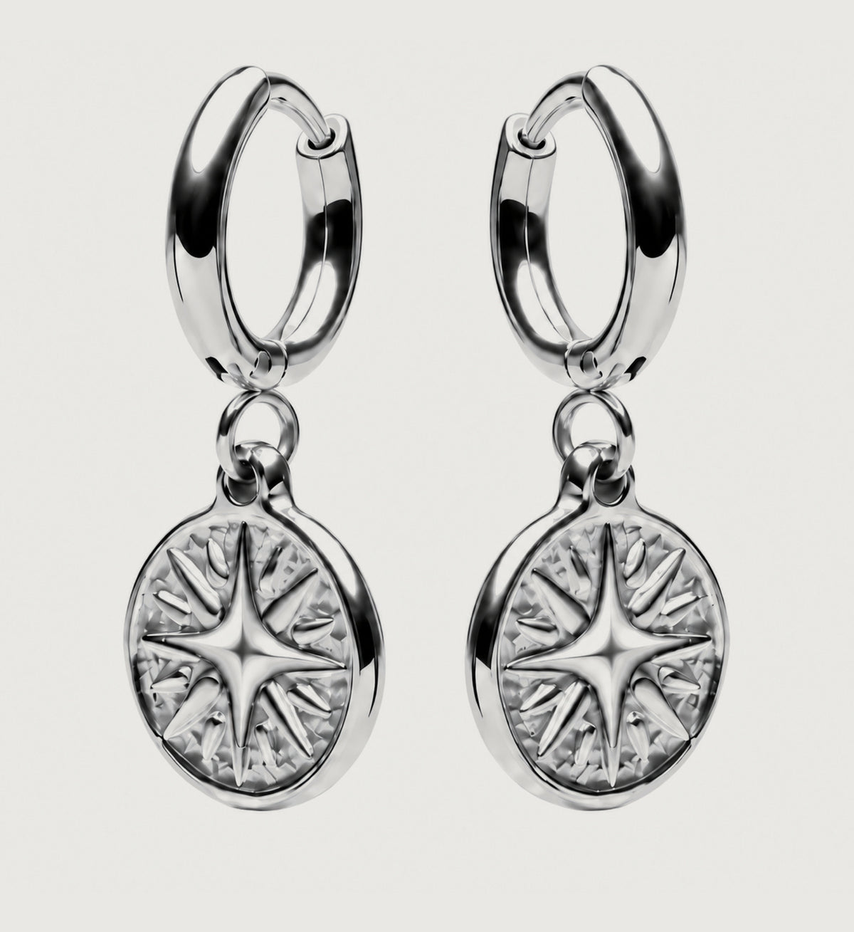 Vestra Starburst Medallion Hoop Earrings (Silver), front product view