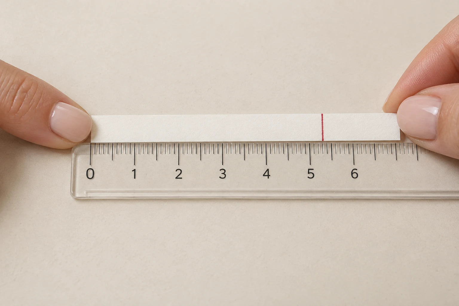 Lay the marked paper strip straight beside a ruler with its starting edge at zero