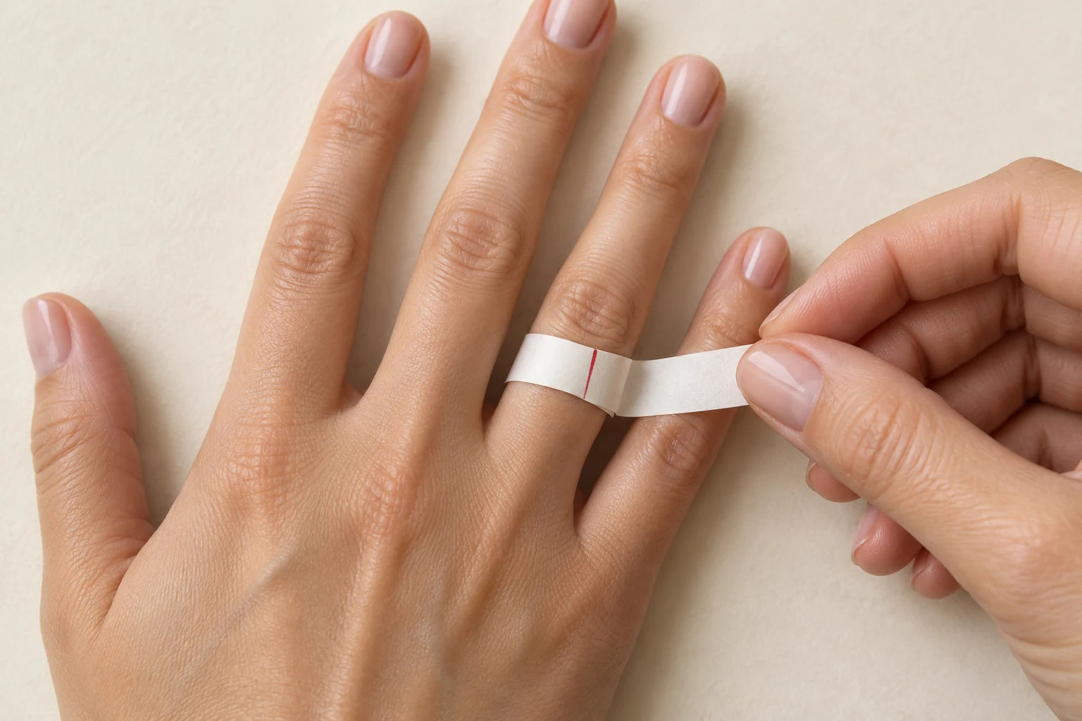 Wrap a narrow paper strip around the base of your finger and mark where the ends meet